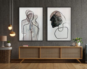 Composición pinturas figurativas abstractas con tonos neutros