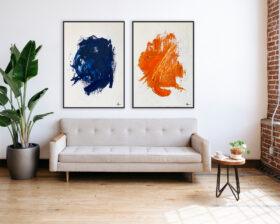 Composición arte abstracto en naranja vibrante y azul