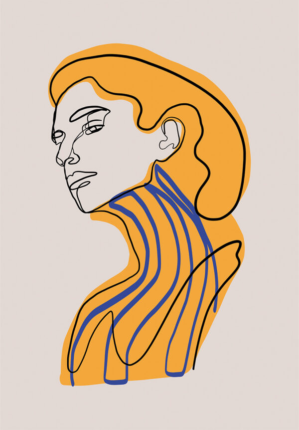 Retrato lineal con detalles abstractos en color