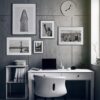 Interior minimalista con escritorio y arte gráfico