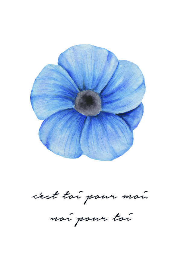 Flor azul en acuarela con texto