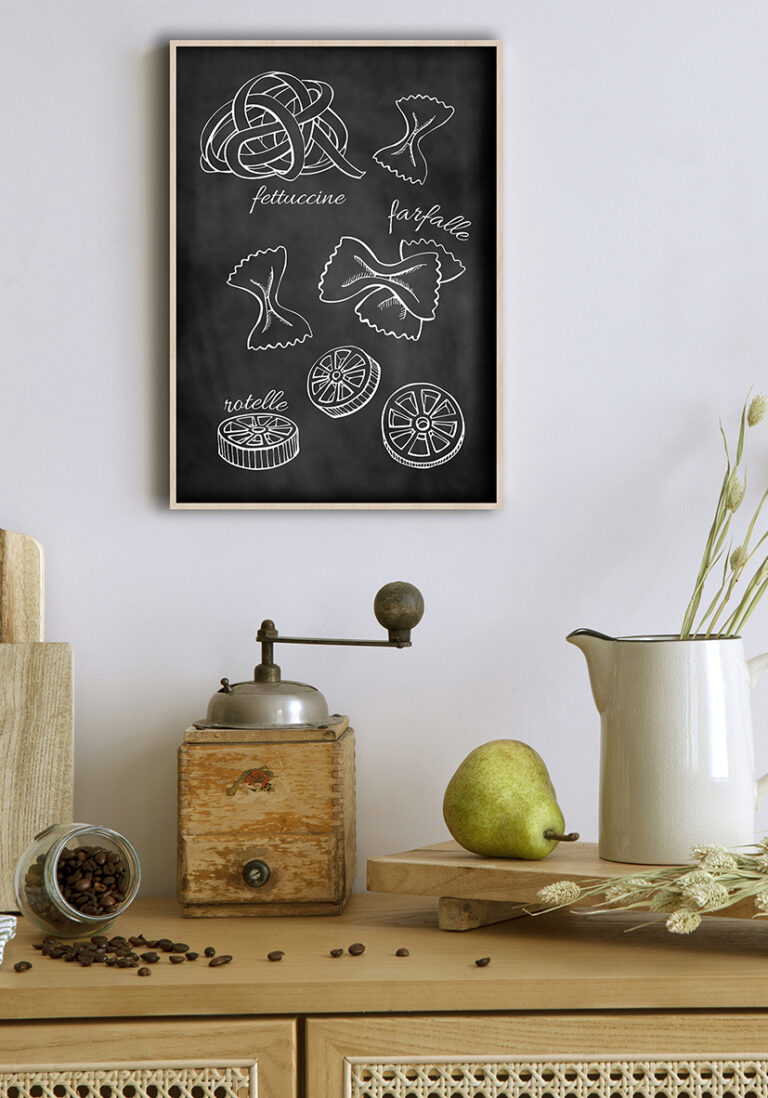 Tipos de pasta ilustrados en pizarra