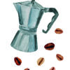 Ilustración de cafetera moka con granos de café