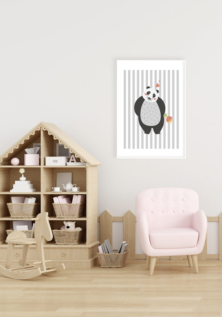 Ilustración de panda adorable con fondo a rayas