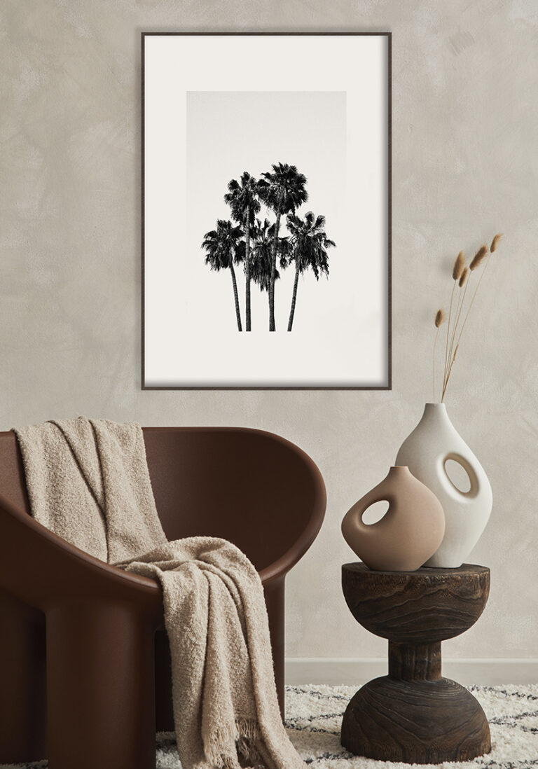 Obra en blanco y negro de palmeras