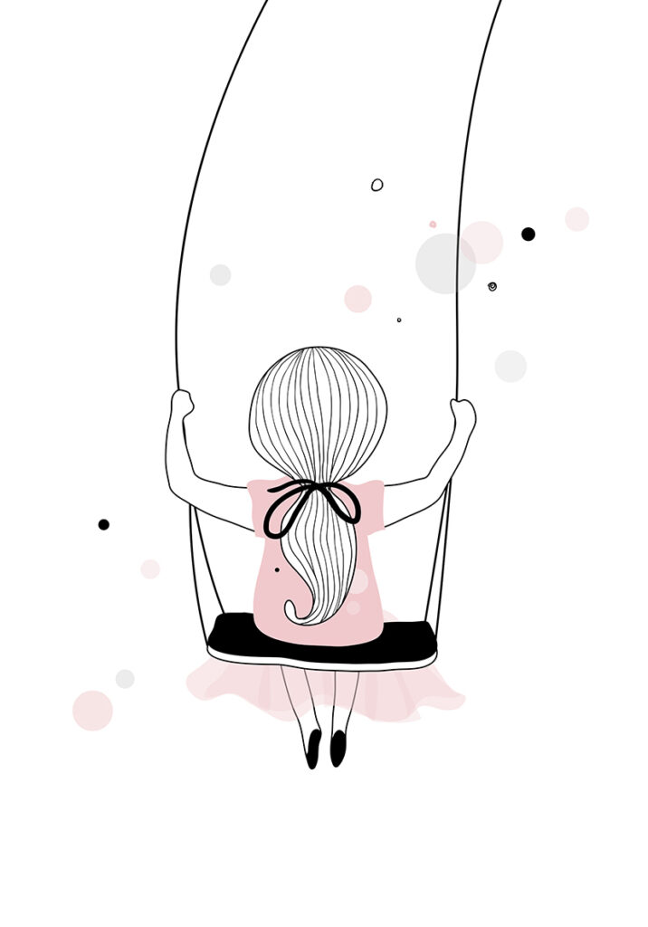 Ilustración minimalista de niña columpiándose