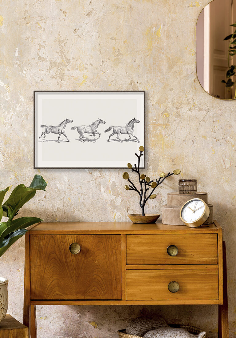 Ilustración grabada de caballos corriendo