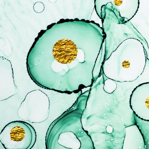 Obra abstracta en azul y dorado