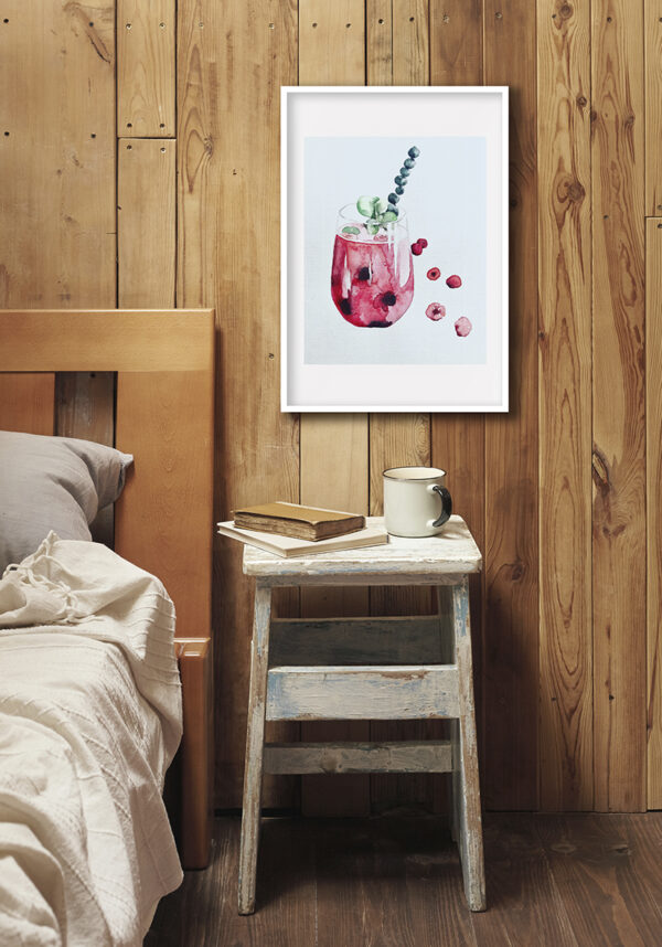 Ilustración colorida de bebida con frutas en acuarela