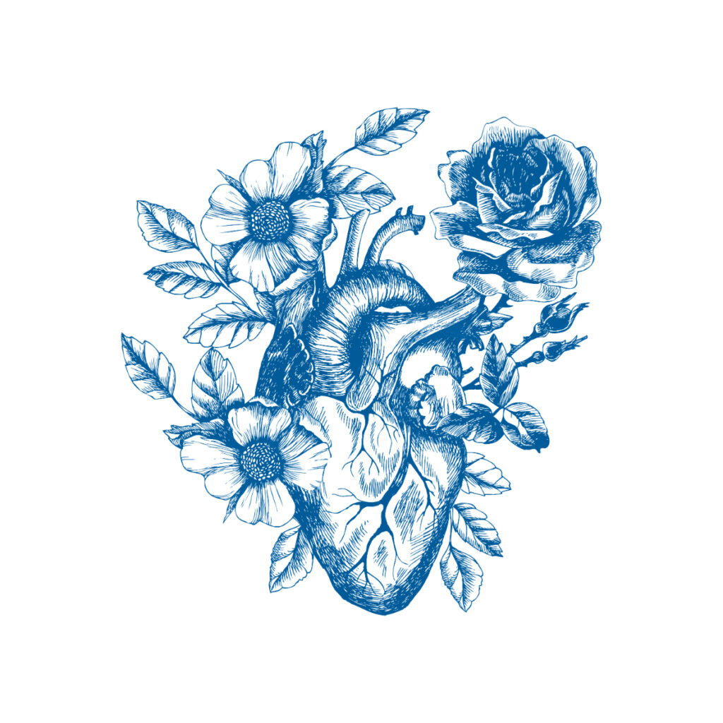 Ilustración detallada de corazón floral azul