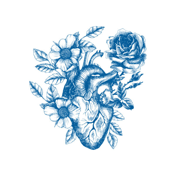 Ilustración detallada de corazón floral azul
