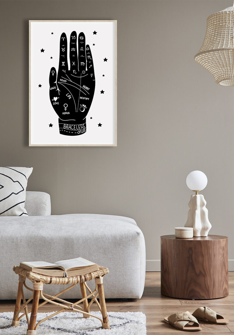 Mano de quiromancia con símbolos del zodiaco