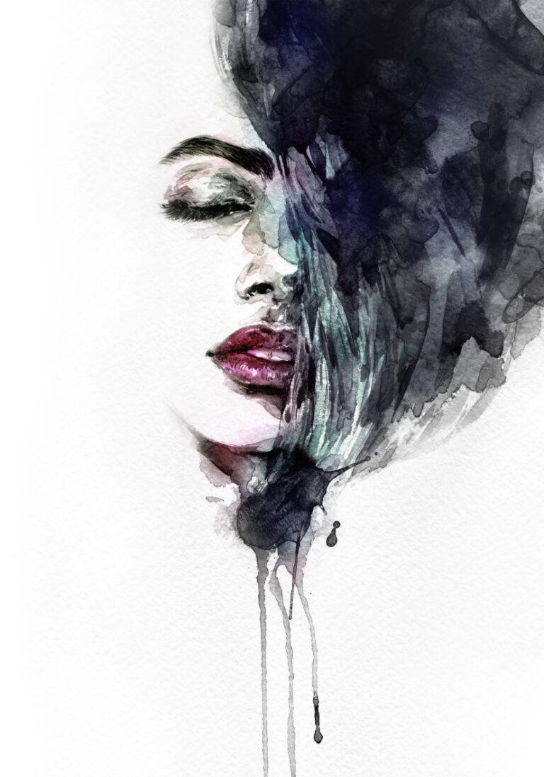 Retrato femenino en acuarela con estilo abstracto