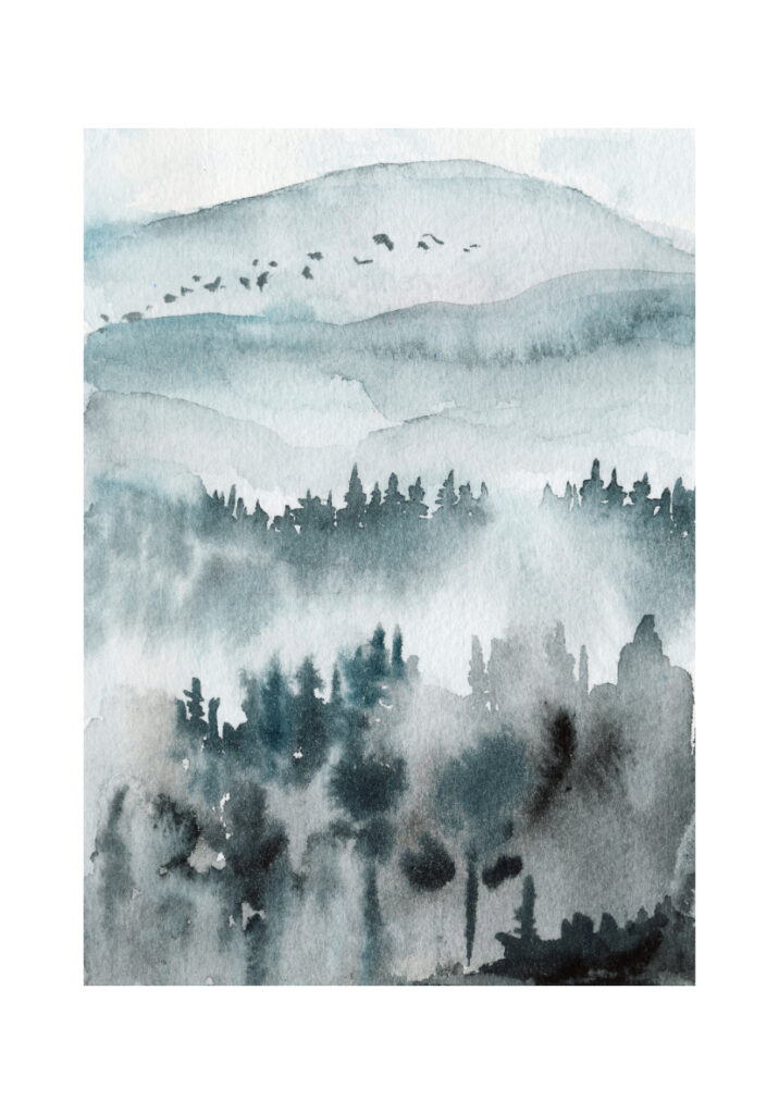 Pintura de paisaje en acuarela con ambiente nostálgico