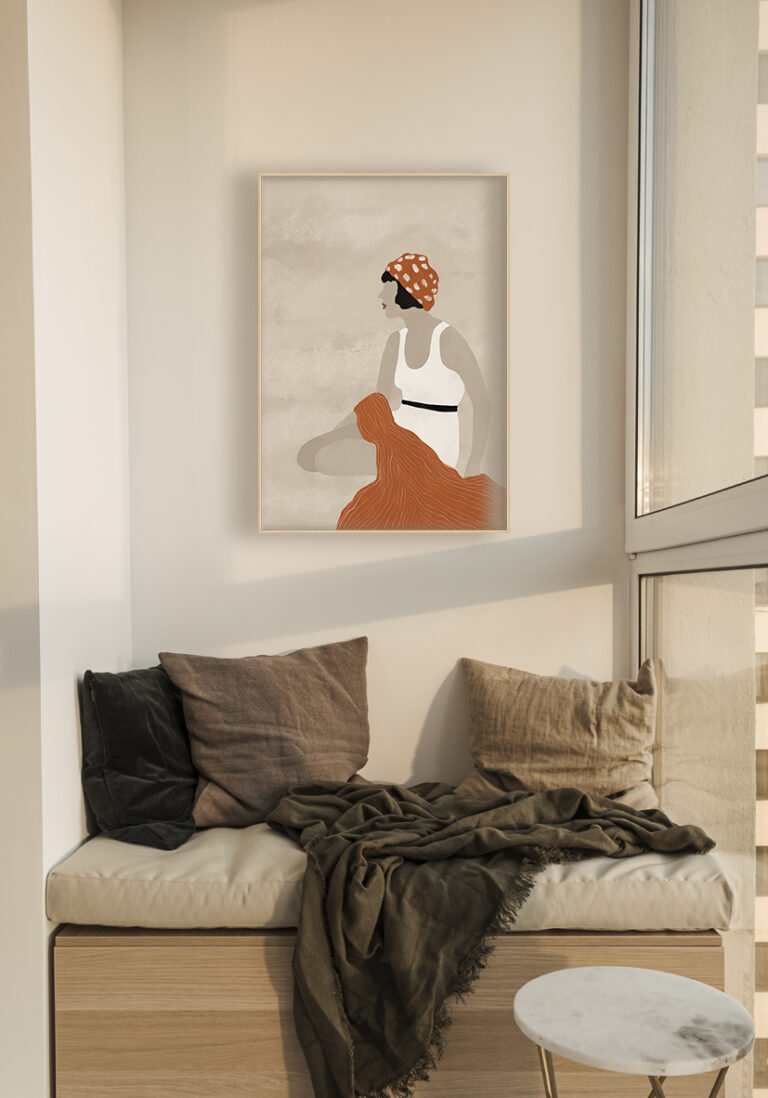Arte retro minimalista con acentos naranjas