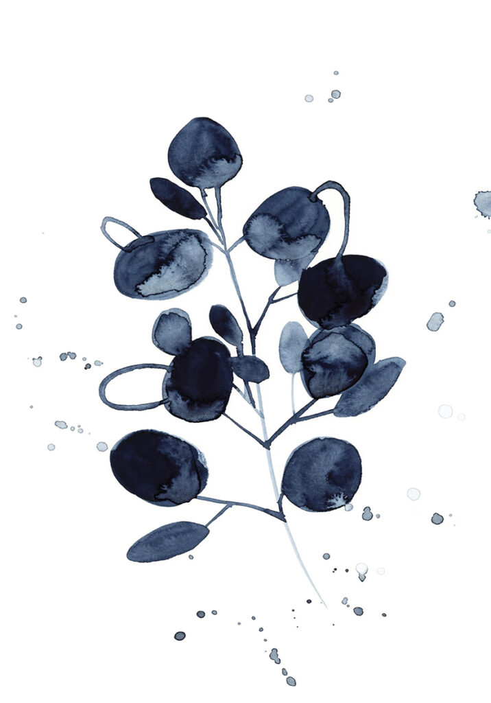 Arte botánico en tinta con hojas azules