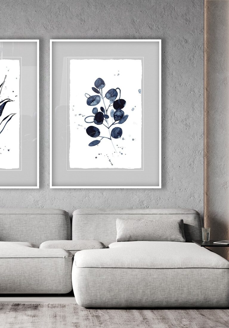 Arte botánico en tinta con hojas azules