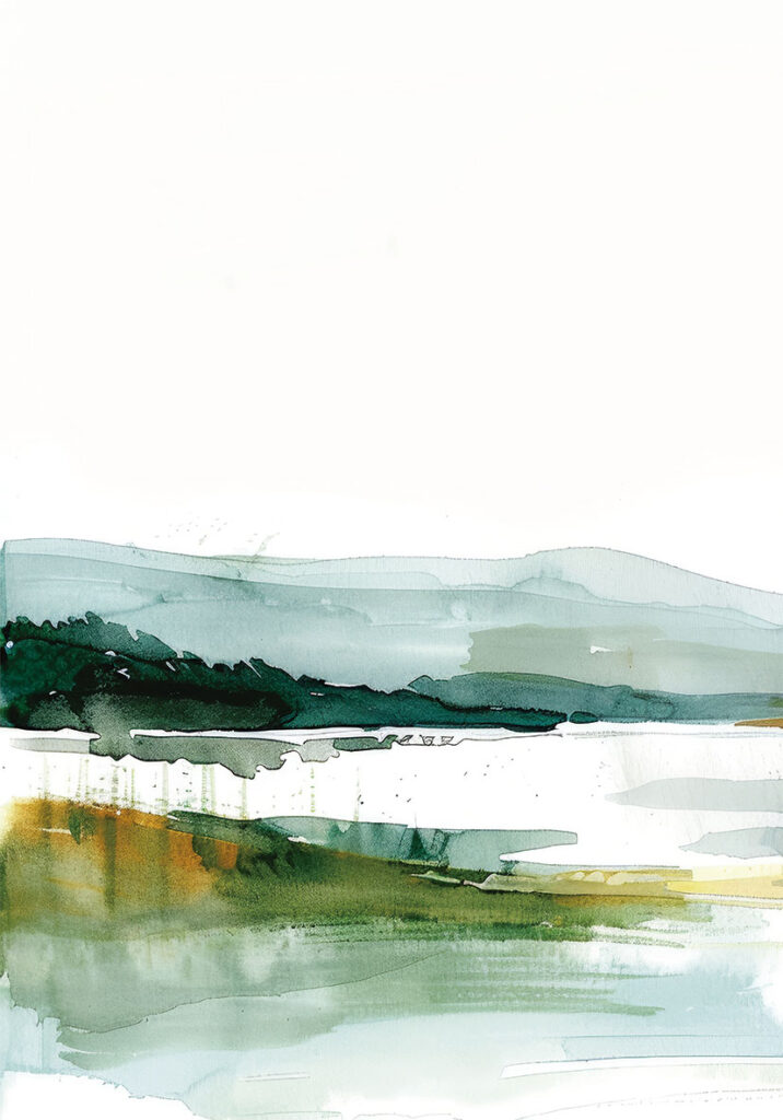 Paisaje en acuarela con matices verdes
