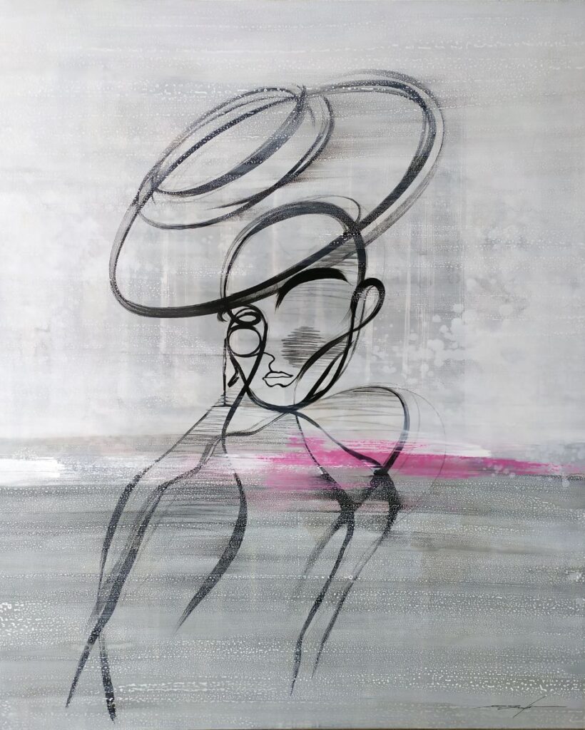 Retrato abstracto minimalista con acentos rosados