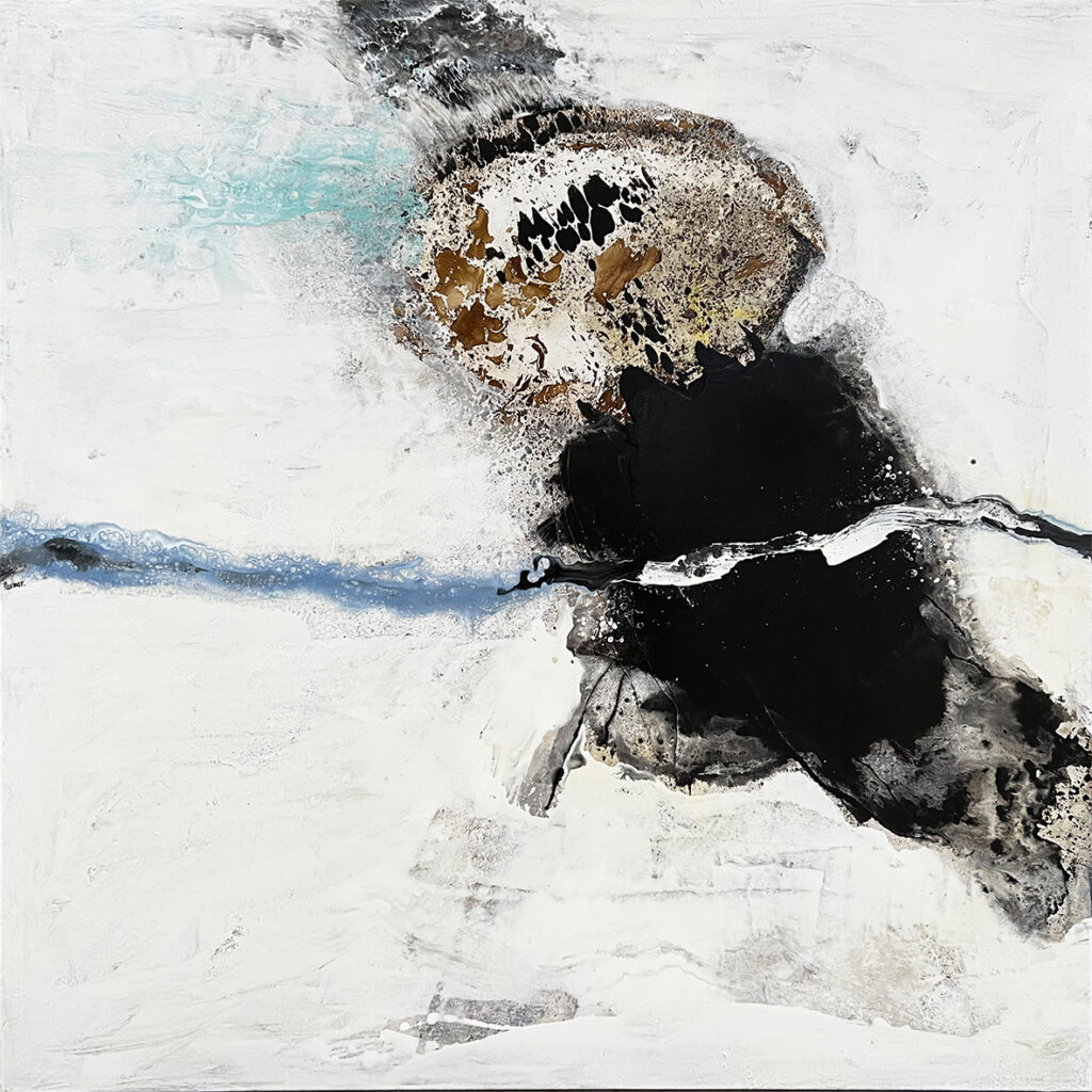 Pintura abstracta en blanco y negro con textura y detalles en azul