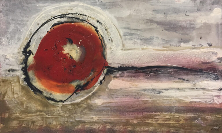 Obra Abstracta Expresionista con Esfera Roja