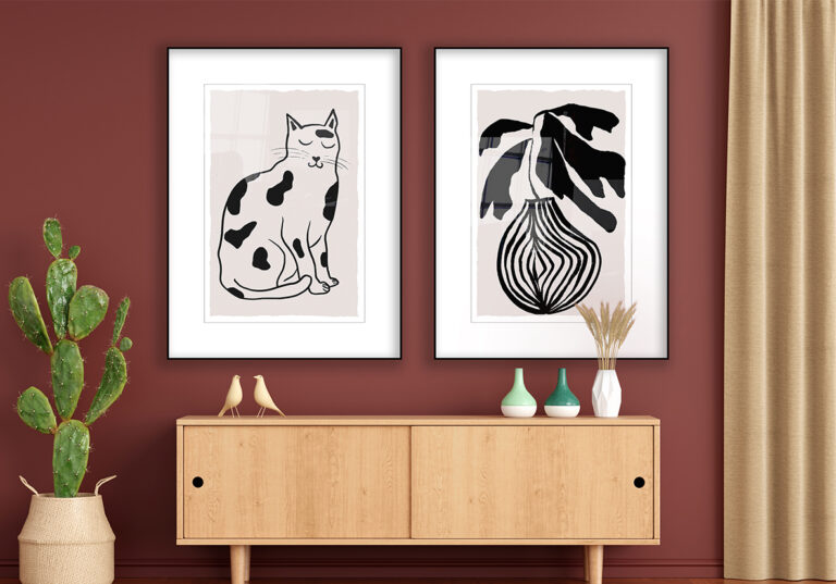 Ilustración de gato monocromática minimalista