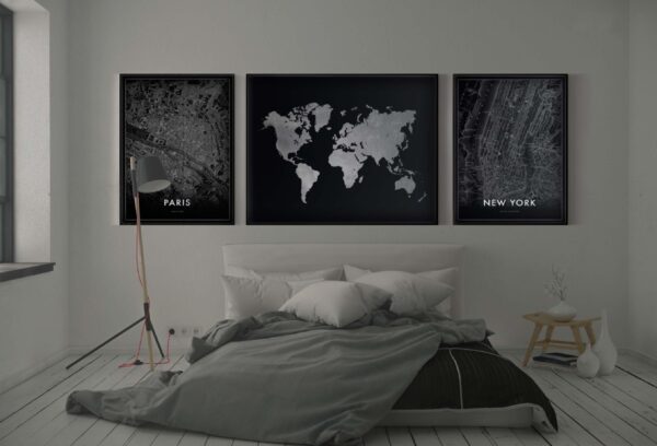 Dormitorio minimalista decorado con mapas de pared