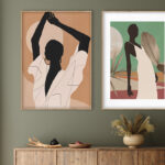 Arte abstracto con figuras estilizadas en carteles
