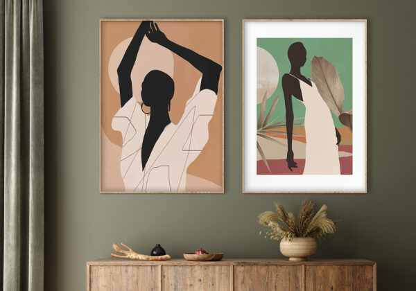 Arte abstracto con figuras estilizadas en carteles