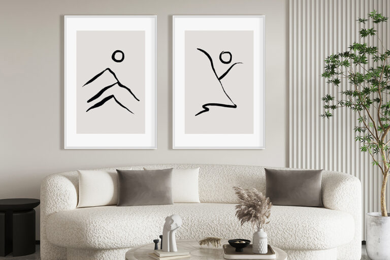 Ilustración minimalista de montaña con sol