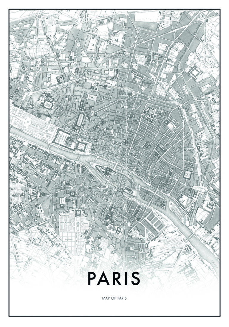 Mapa detallado de París en blanco y negro.