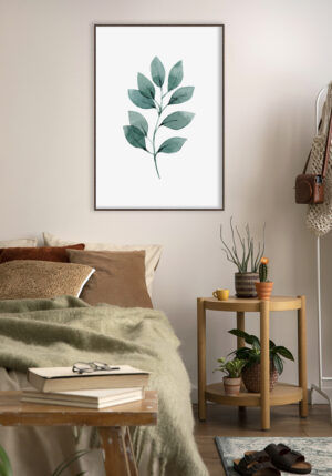 Ilustración artística de hoja verde en acuarela.
