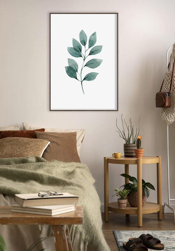 Ilustración artística de hoja verde en acuarela.
