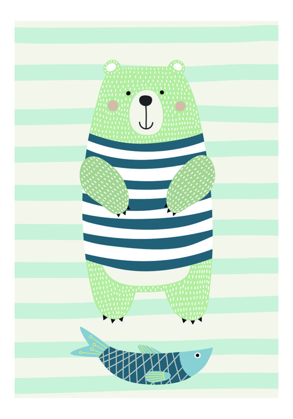 Oso Tierno con Pescado: Ilustración Infantil