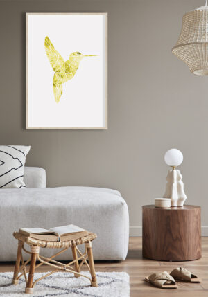 Ilustración geométrica de un colibrí amarillo