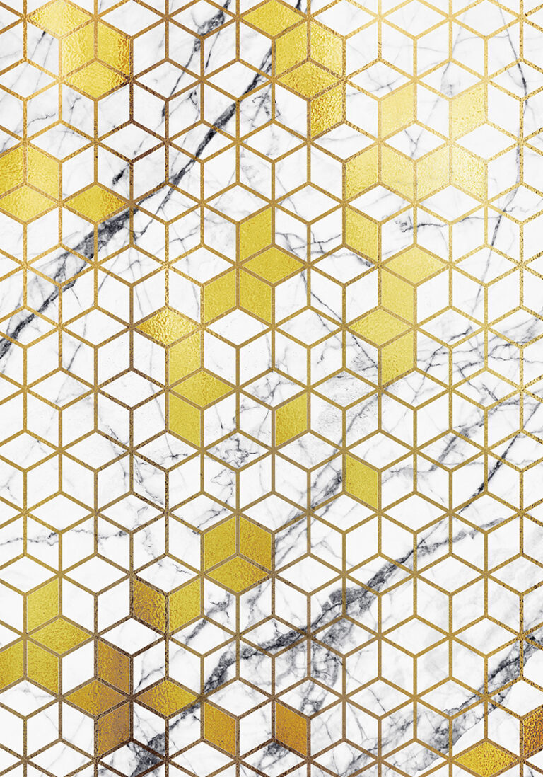 Patrón geométrico dorado sobre mármol