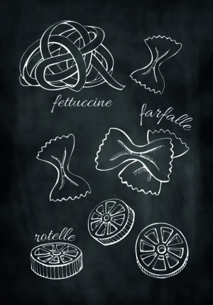 Tipos de pasta ilustrados en pizarra