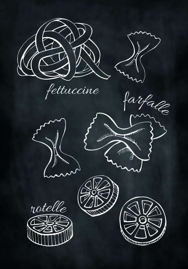 Tipos de pasta ilustrados en pizarra