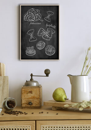 Tipos de pasta ilustrados en pizarra