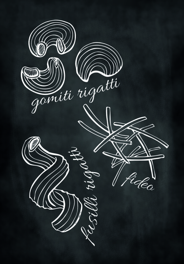 Ilustraciones de pasta en estilo pizarra