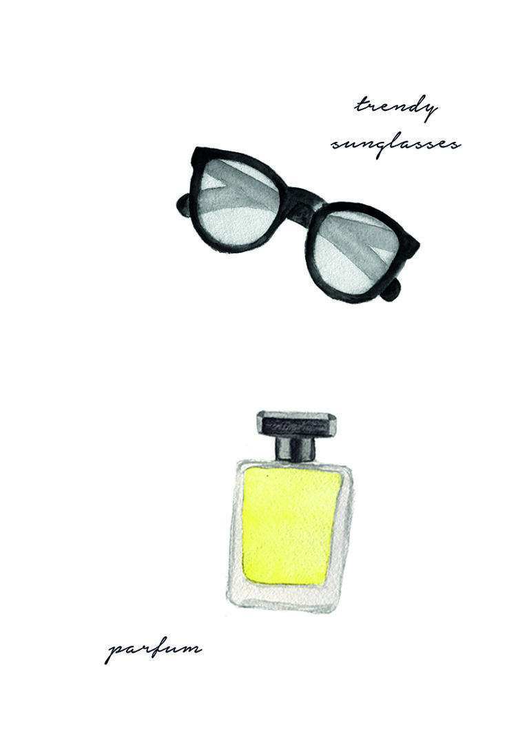 Ilustración en acuarela de gafas de sol y perfume