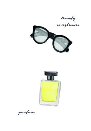 Ilustración en acuarela de gafas de sol y perfume