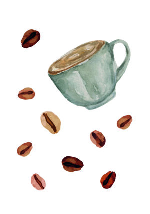 Taza de café en acuarela con granos