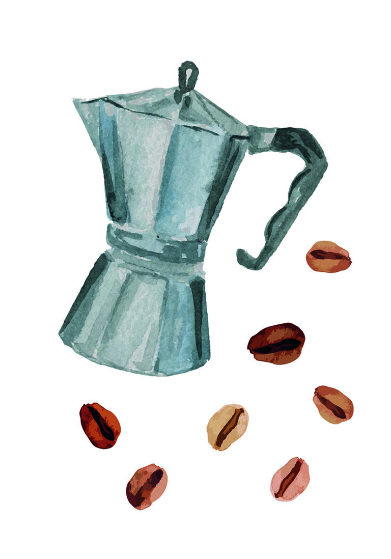 Ilustración de cafetera moka con granos de café