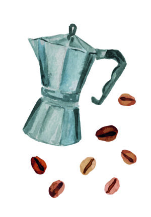 Ilustración de cafetera moka con granos de café