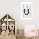 Ilustración de panda adorable con fondo a rayas