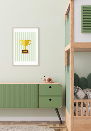 Ilustración sencilla de un trofeo sobre fondo a rayas