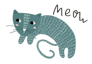 Ilustración de gato tierno con el texto Meow