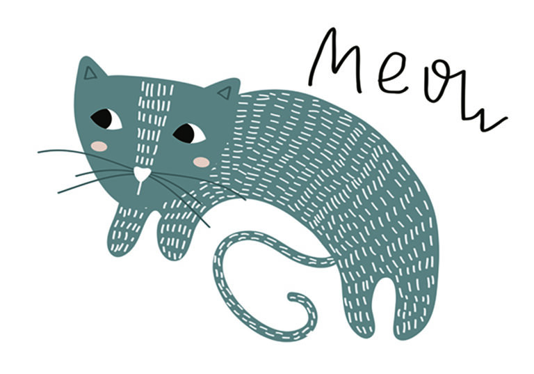 Ilustración de gato tierno con el texto Meow