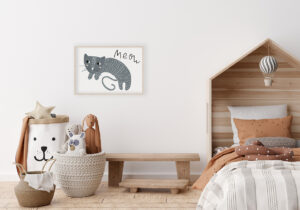 Ilustración de gato tierno con el texto Meow